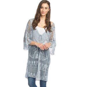 Papillon denim GEO embroidered cover-up kimono with tie, women's size M